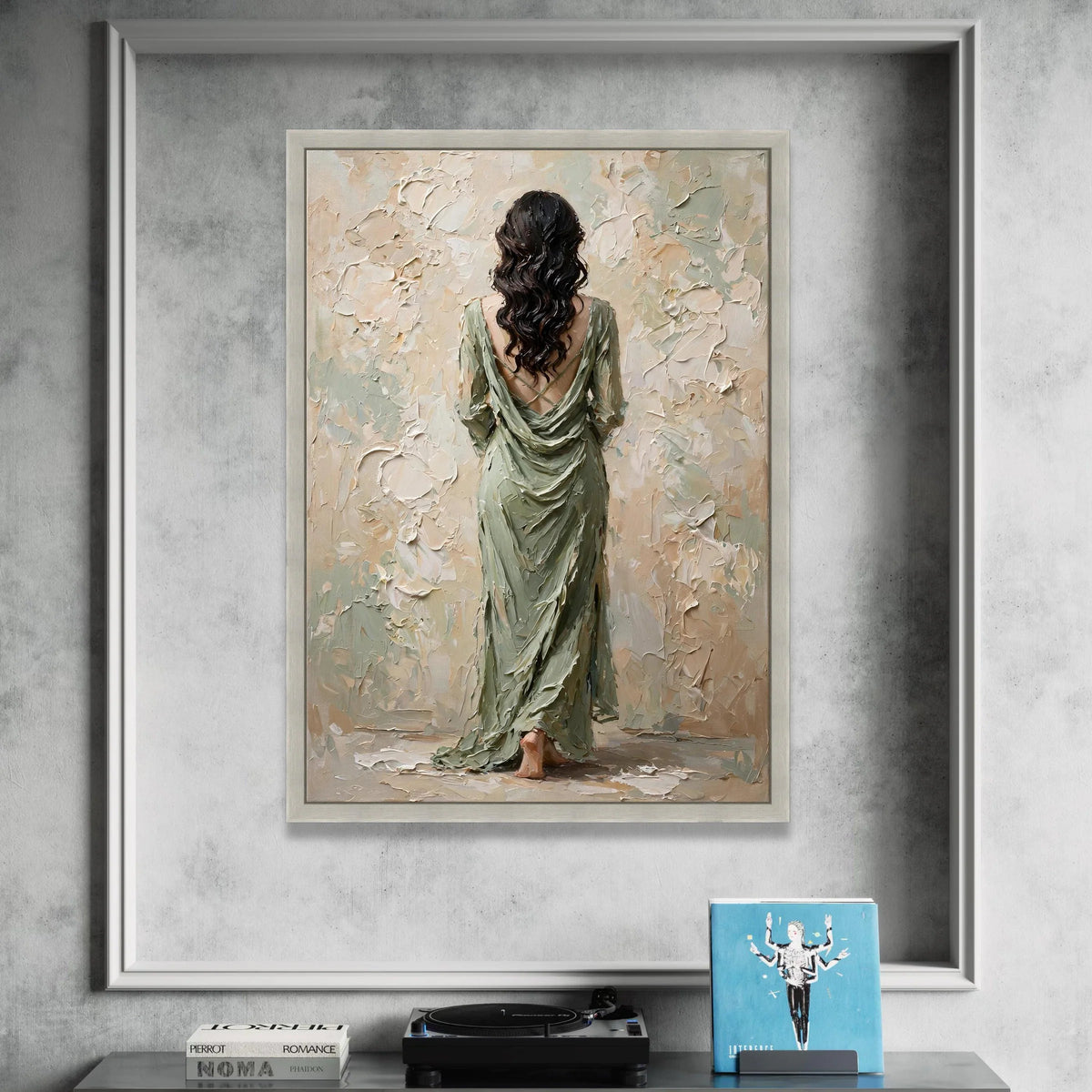 Elegant Woman Flowing Green Dress Canvas, Back View Portrait Wall Art, Contemporary Female Figure Painting, Home Interior Canvas Print Art