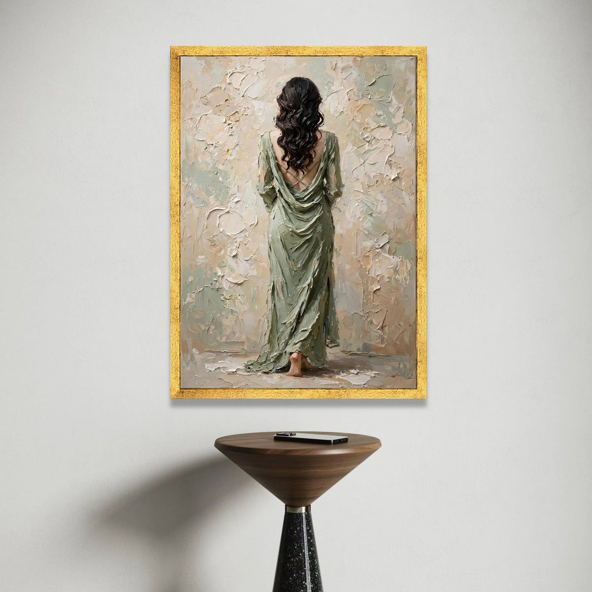 Elegant Woman Flowing Green Dress Canvas, Back View Portrait Wall Art, Contemporary Female Figure Painting, Home Interior Canvas Print Art