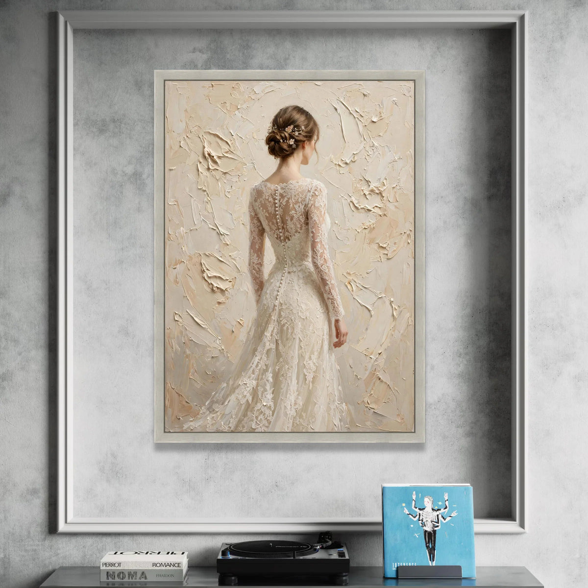 Elegant Bride Back View Canvas, Lace Wedding Dress Artwork, Bridal Portrait Wall Art, Soft Neutral Tones, Romantic Home Canvas Print Art