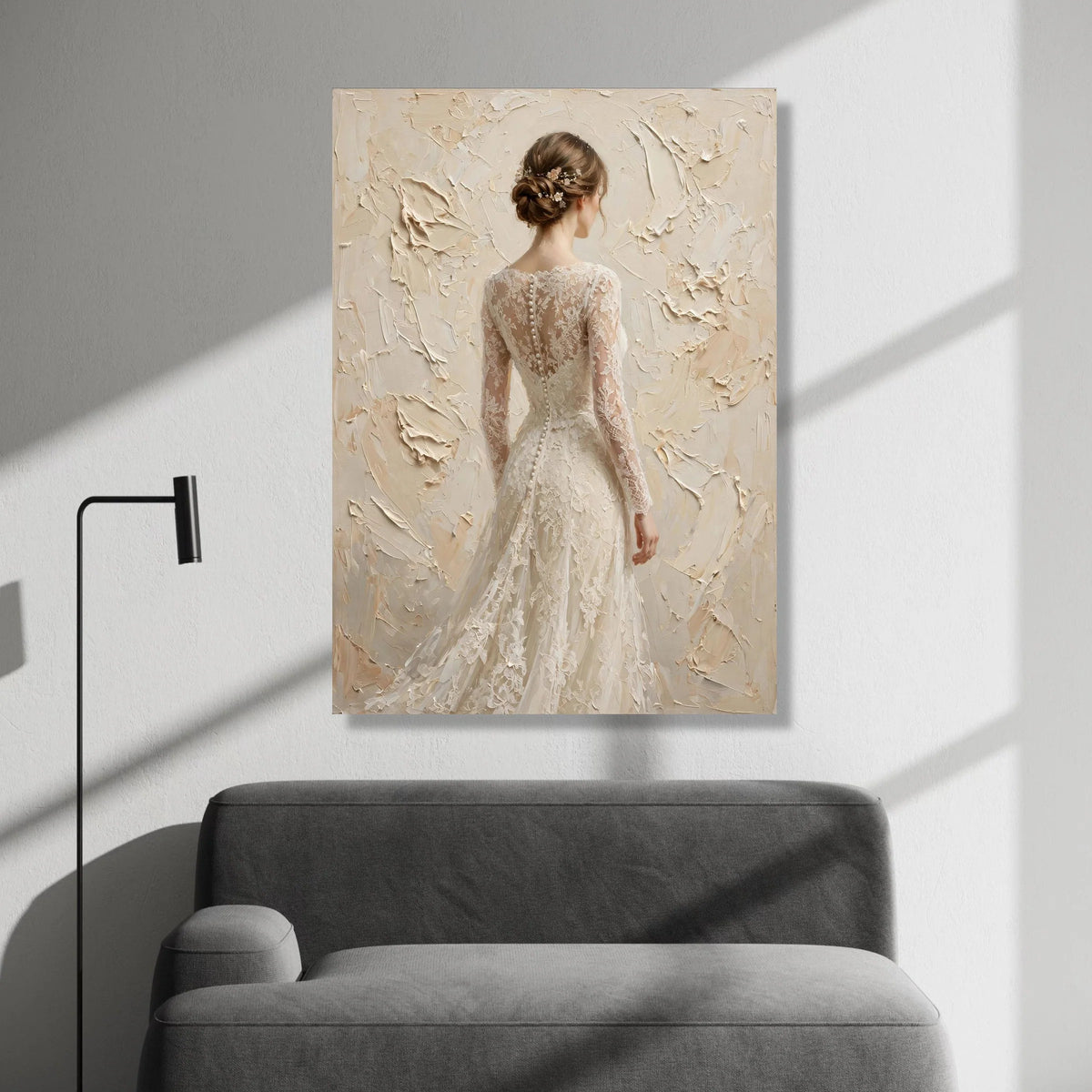Elegant Bride Back View Canvas, Lace Wedding Dress Artwork, Bridal Portrait Wall Art, Soft Neutral Tones, Romantic Home Canvas Print Art