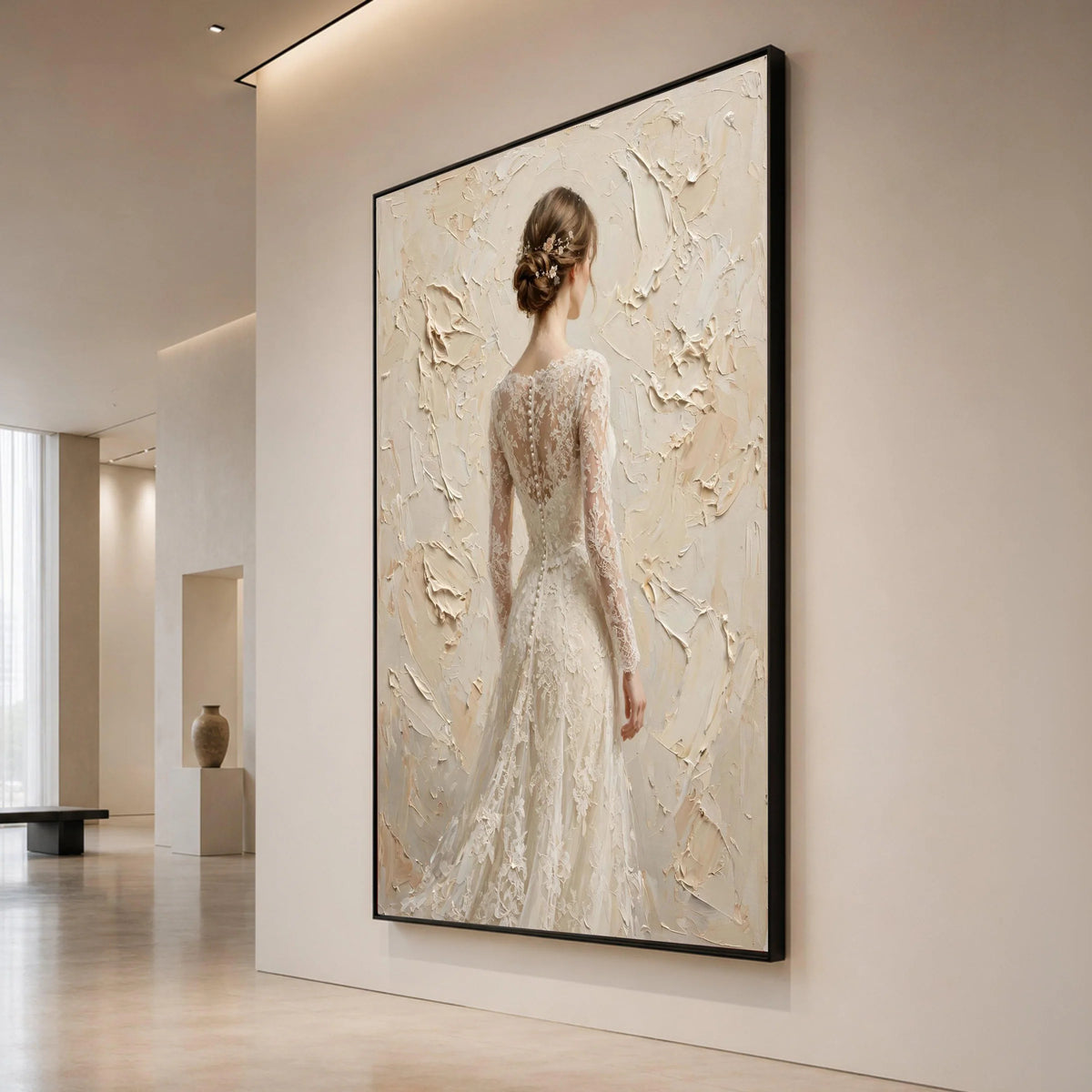 Elegant Bride Back View Canvas, Lace Wedding Dress Artwork, Bridal Portrait Wall Art, Soft Neutral Tones, Romantic Home Canvas Print Art