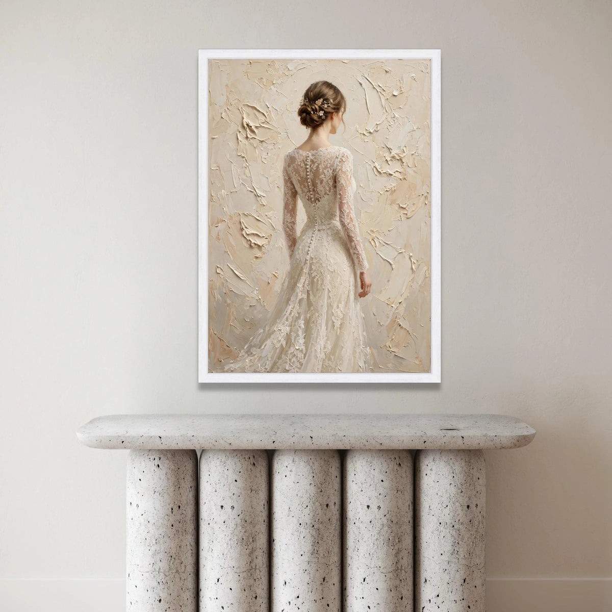 Elegant Bride Back View Canvas, Lace Wedding Dress Artwork, Bridal Portrait Wall Art, Soft Neutral Tones, Romantic Home Canvas Print Art