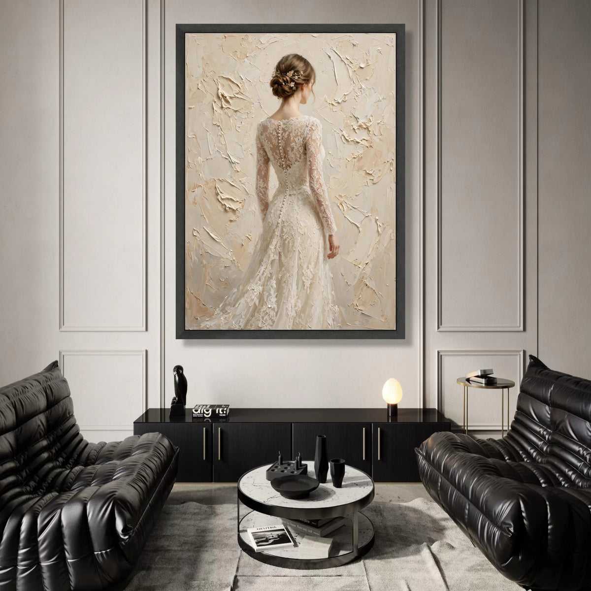 Elegant Bride Back View Canvas, Lace Wedding Dress Artwork, Bridal Portrait Wall Art, Soft Neutral Tones, Romantic Home Canvas Print Art