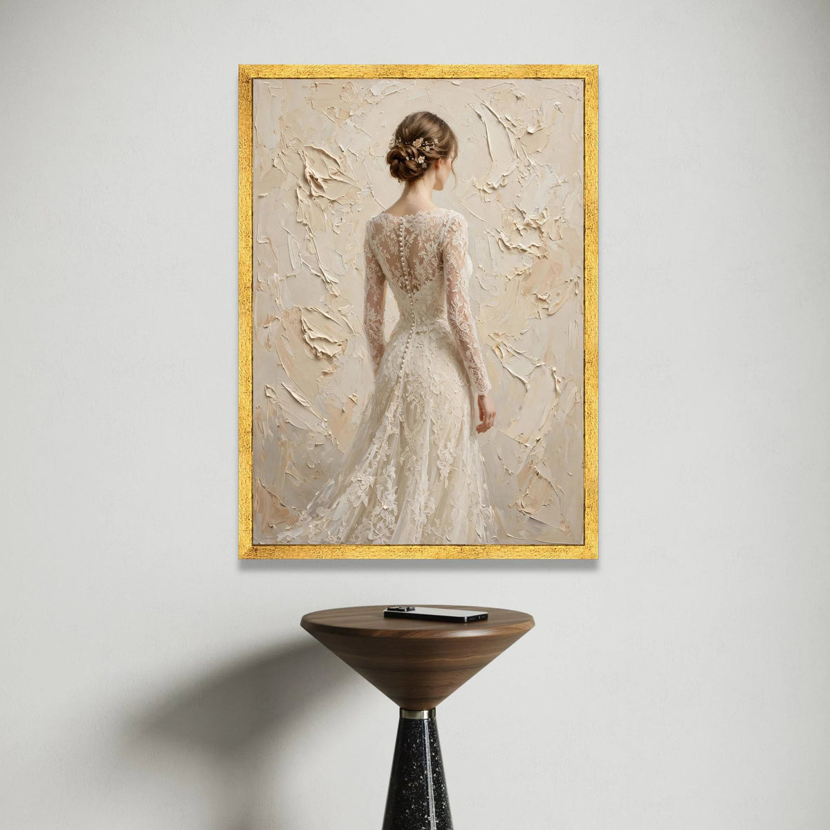 Elegant Bride Back View Canvas, Lace Wedding Dress Artwork, Bridal Portrait Wall Art, Soft Neutral Tones, Romantic Home Canvas Print Art