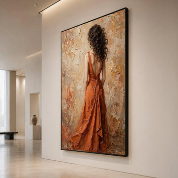Elegant Woman Flowing Orange Dress Canvas, Romantic Back View Figurative Art, Feminine Wall Decor, Contemporary Home Canvas Canvas Print Art