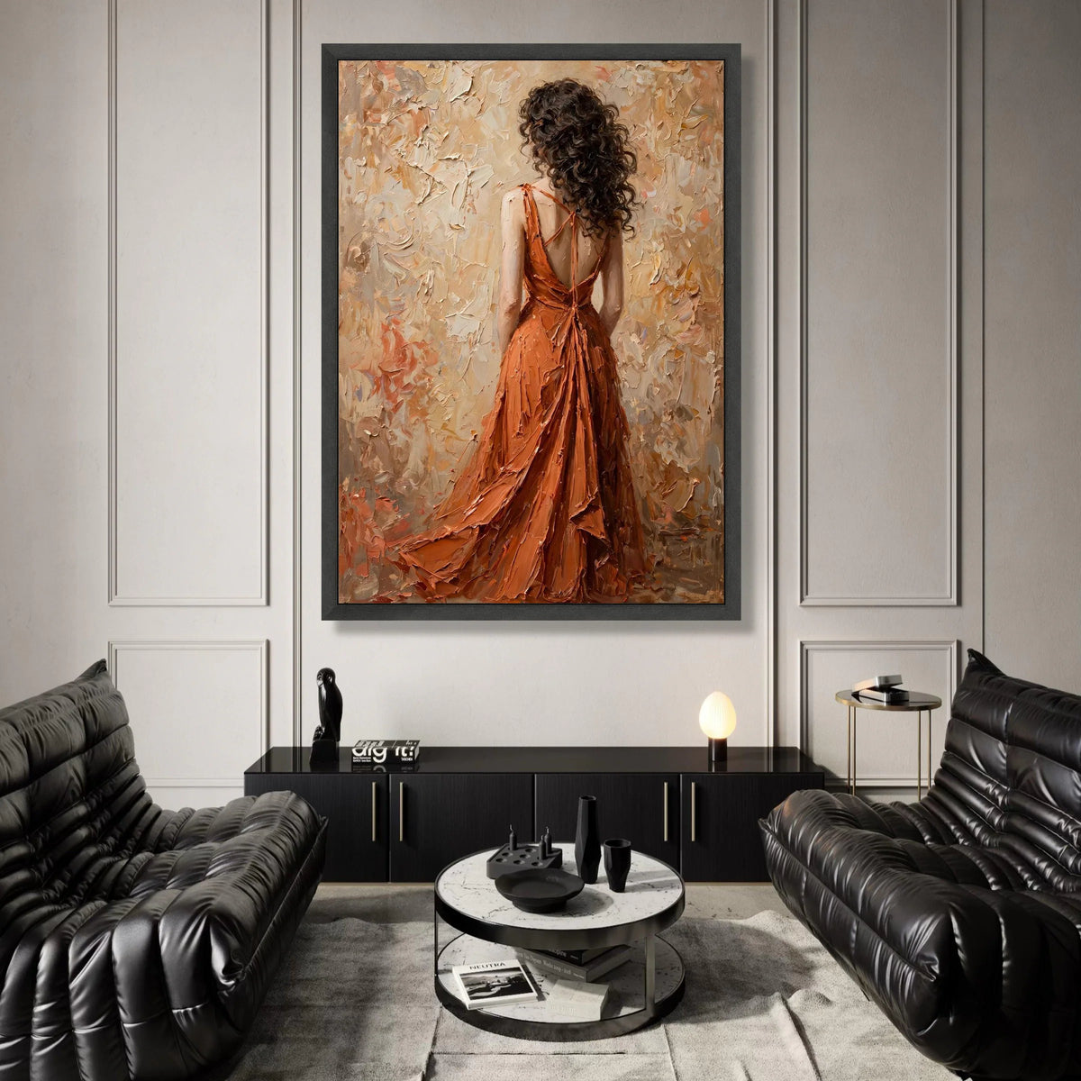 Elegant Woman Flowing Orange Dress Canvas, Romantic Back View Figurative Art, Feminine Wall Decor, Contemporary Home Canvas Canvas Print Art