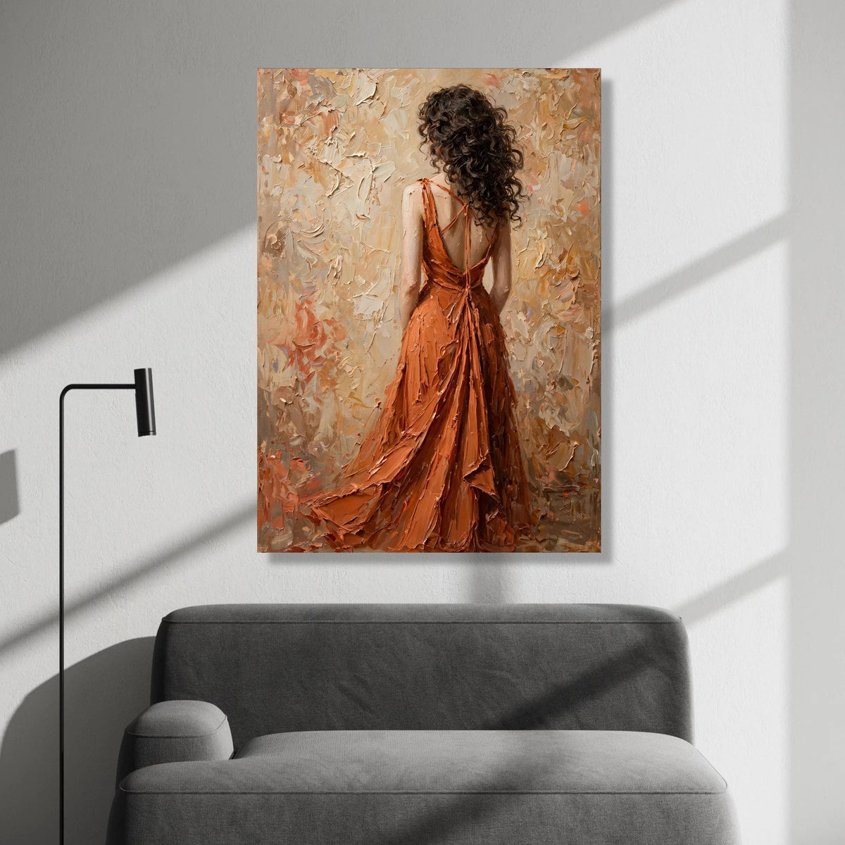 Elegant Woman Flowing Orange Dress Canvas, Romantic Back View Figurative Art, Feminine Wall Decor, Contemporary Home Canvas Canvas Print Art