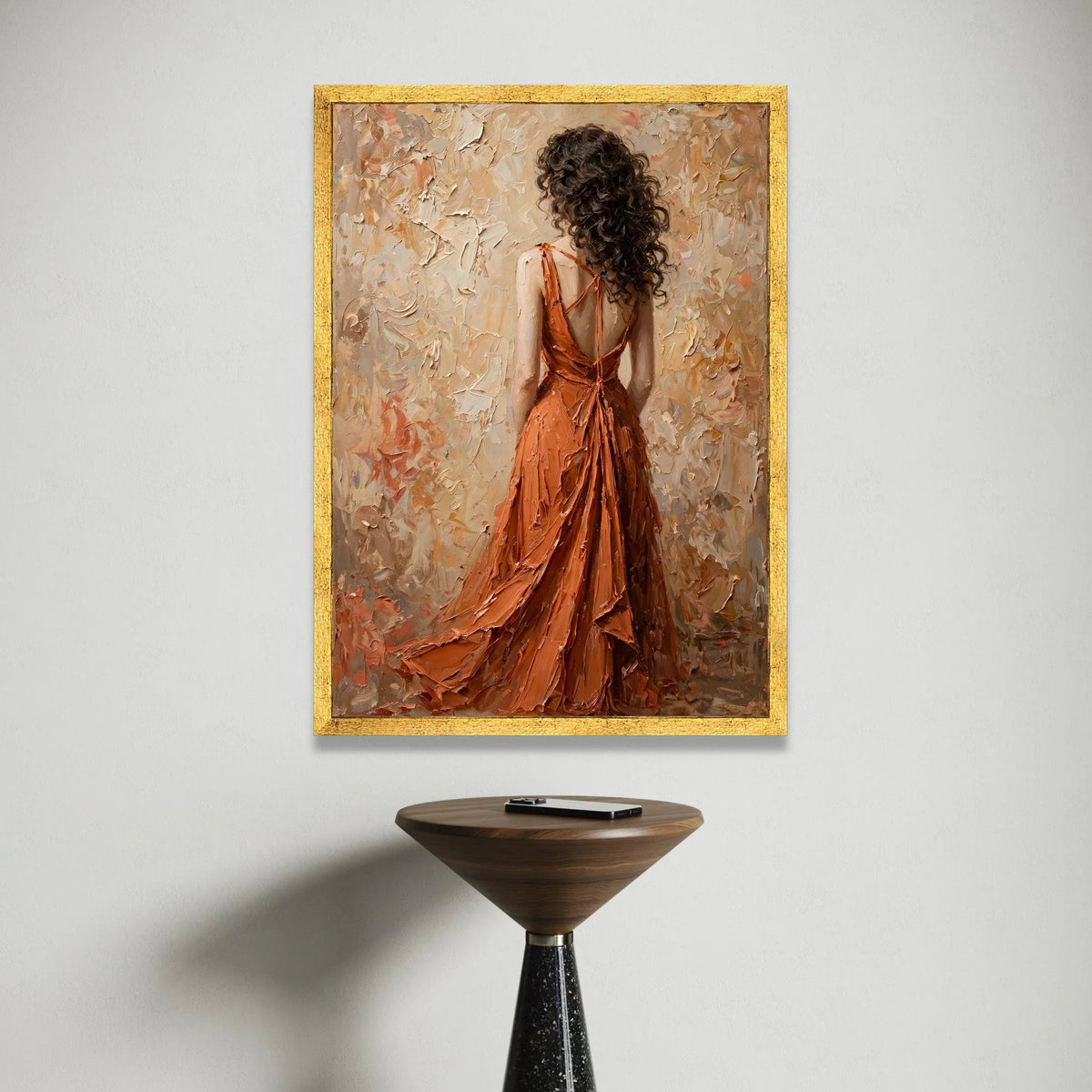 Elegant Woman Flowing Orange Dress Canvas, Romantic Back View Figurative Art, Feminine Wall Decor, Contemporary Home Canvas Canvas Print Art