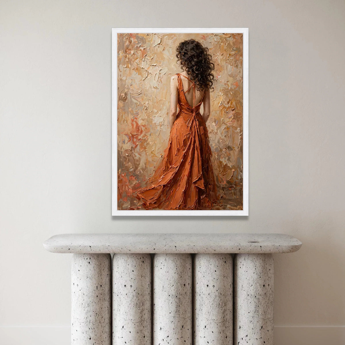 Elegant Woman Flowing Orange Dress Canvas, Romantic Back View Figurative Art, Feminine Wall Decor, Contemporary Home Canvas Canvas Print Art