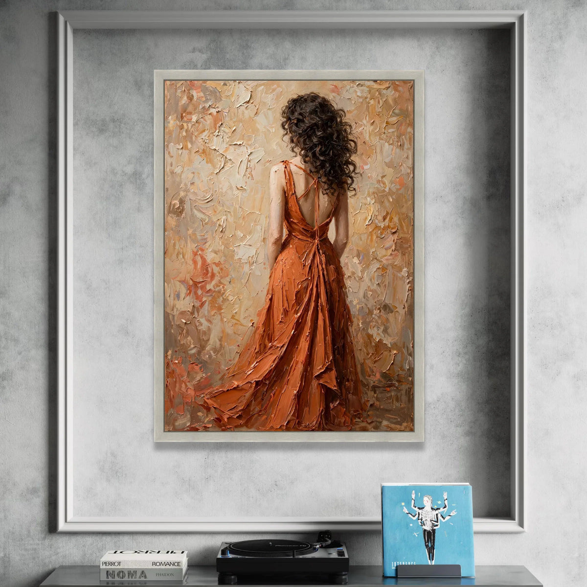 Elegant Woman Flowing Orange Dress Canvas, Romantic Back View Figurative Art, Feminine Wall Decor, Contemporary Home Canvas Canvas Print Art