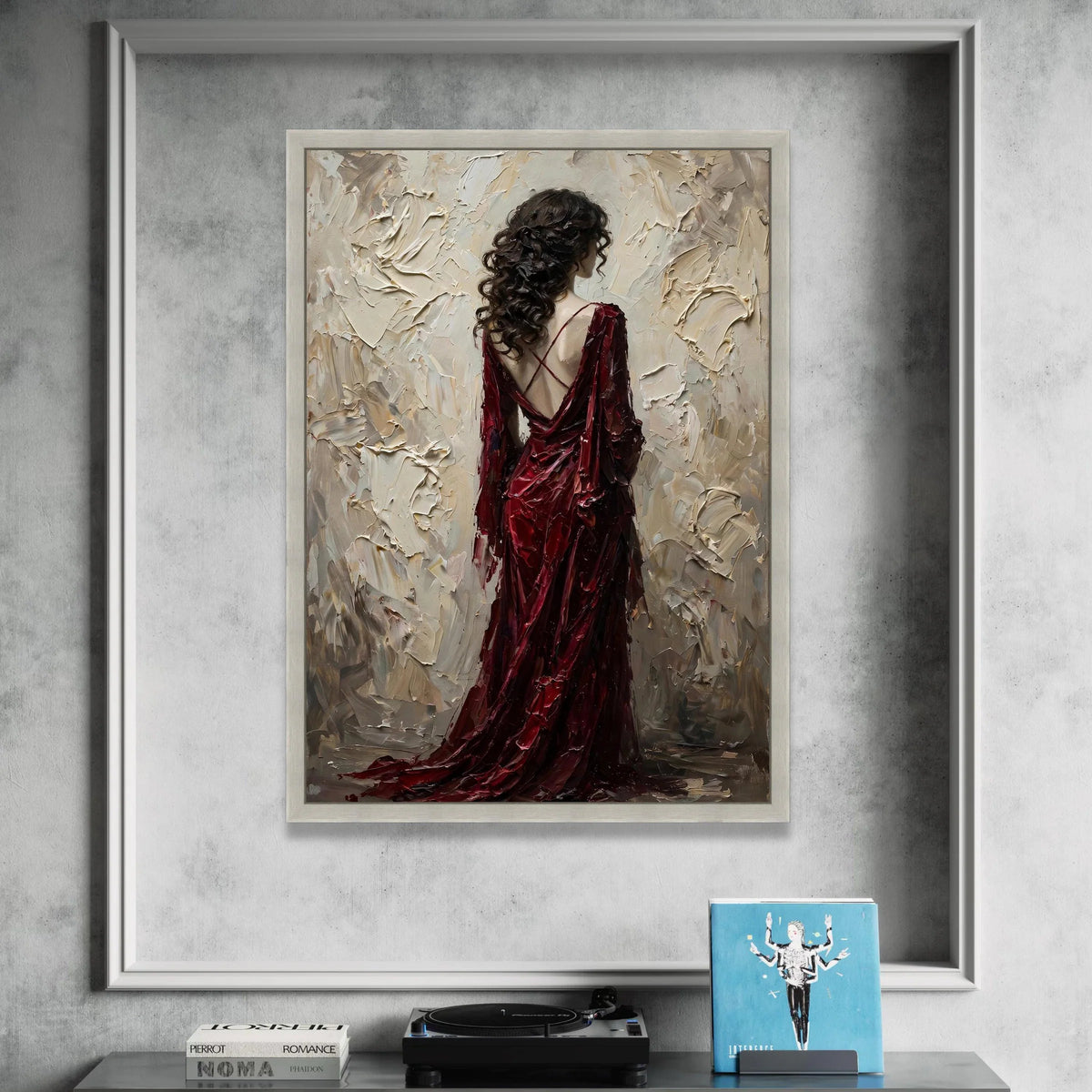Elegant Woman Red Dress Canvas, Back View Portrait Wall Art, Contemporary Figurative Canvas, Romantic Home Decor, Ready to Canvas Print Art