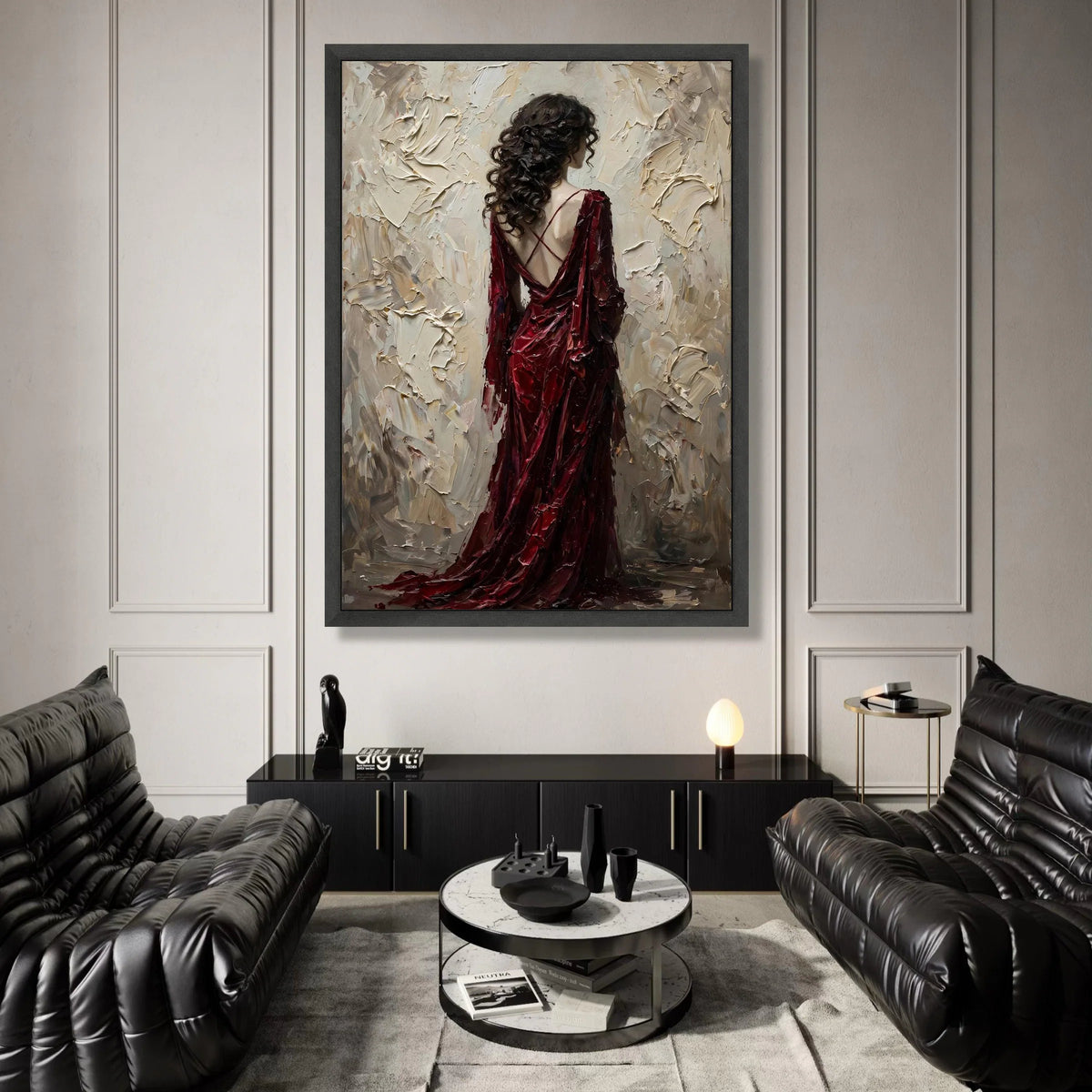Elegant Woman Red Dress Canvas, Back View Portrait Wall Art, Contemporary Figurative Canvas, Romantic Home Decor, Ready to Canvas Print Art