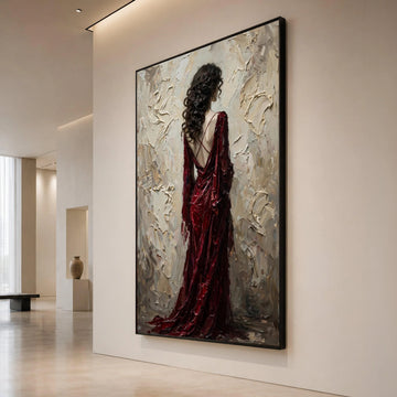 Elegant Woman Red Dress Canvas, Back View Portrait Wall Art, Contemporary Figurative Canvas, Romantic Home Decor, Ready to Canvas Print Art