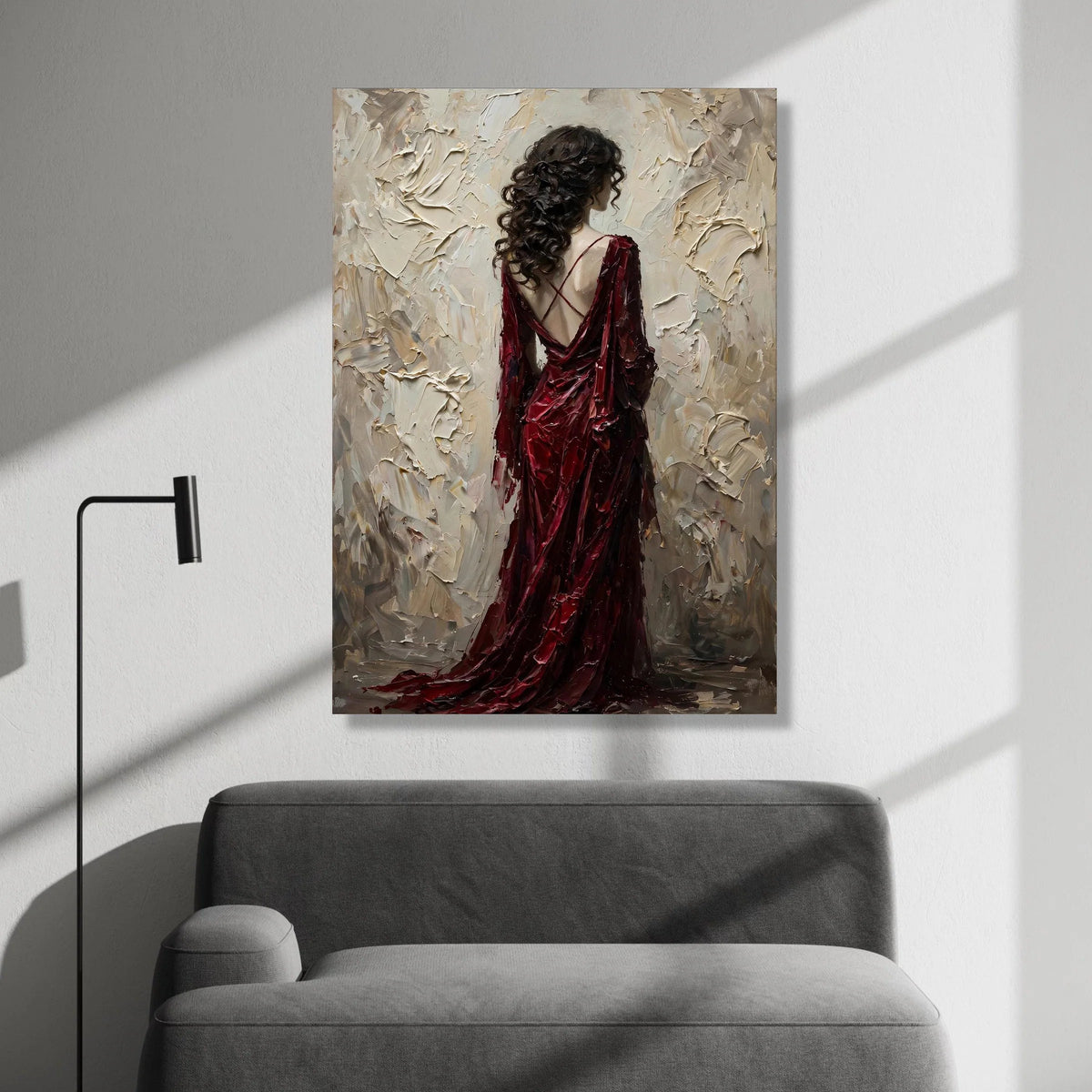 Elegant Woman Red Dress Canvas, Back View Portrait Wall Art, Contemporary Figurative Canvas, Romantic Home Decor, Ready to Canvas Print Art