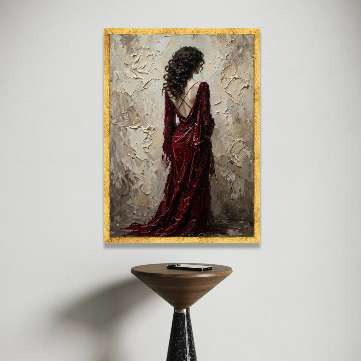 Elegant Woman Red Dress Canvas, Back View Portrait Wall Art, Contemporary Figurative Canvas, Romantic Home Decor, Ready to Canvas Print Art
