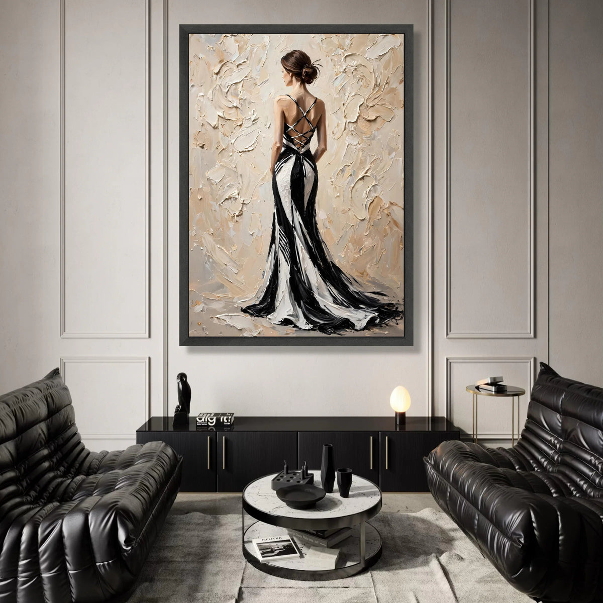 Elegant Woman Black and White Dress Canvas, Back View Fashion Artwork, Modern Female Portrait Wall Art, Chic Home Canvas Print Art