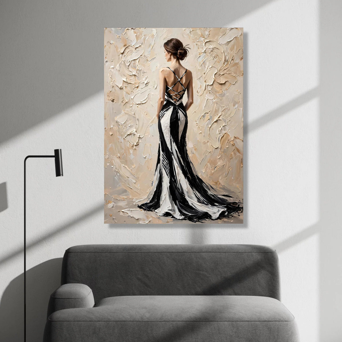 Elegant Woman Black and White Dress Canvas, Back View Fashion Artwork, Modern Female Portrait Wall Art, Chic Home Canvas Print Art
