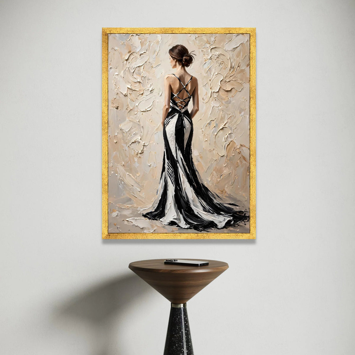 Elegant Woman Black and White Dress Canvas, Back View Fashion Artwork, Modern Female Portrait Wall Art, Chic Home Canvas Print Art