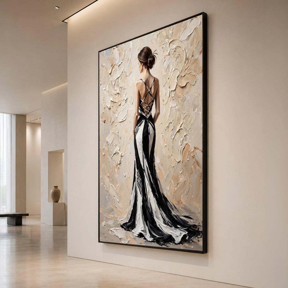Elegant Woman Black and White Dress Canvas, Back View Fashion Artwork, Modern Female Portrait Wall Art, Chic Home Canvas Print Art
