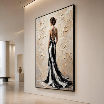 Elegant Woman Black and White Dress Canvas, Back View Fashion Artwork, Modern Female Portrait Wall Art, Chic Home Canvas Print Art