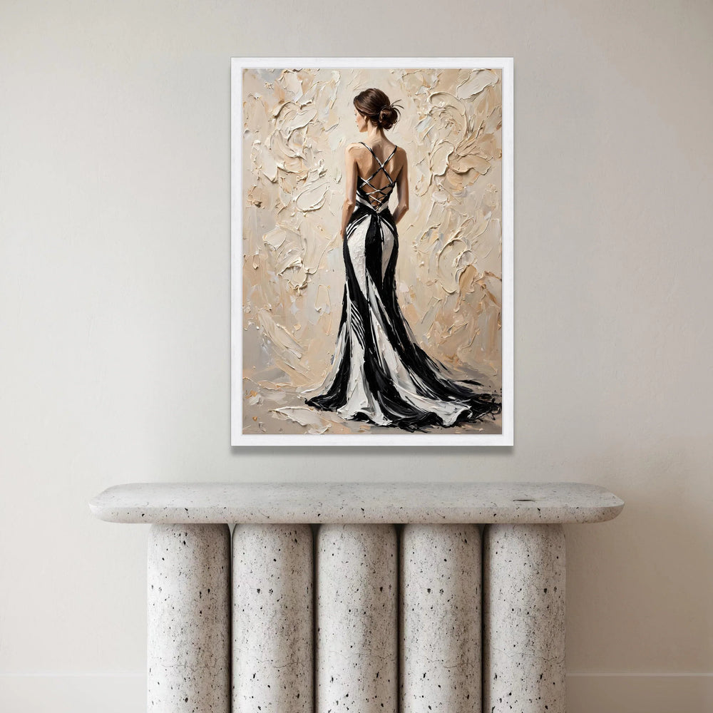Elegant Woman Black and White Dress Canvas, Back View Fashion Artwork, Modern Female Portrait Wall Art, Chic Home Canvas Print Art