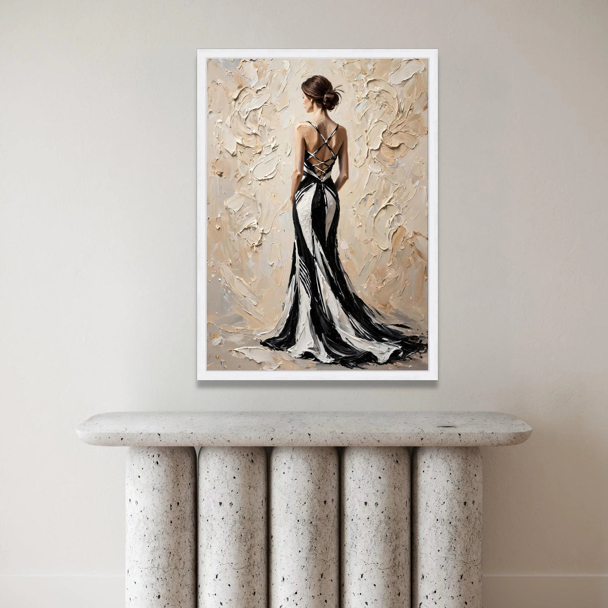 Elegant Woman Black and White Dress Canvas, Back View Fashion Artwork, Modern Female Portrait Wall Art, Chic Home Canvas Print Art