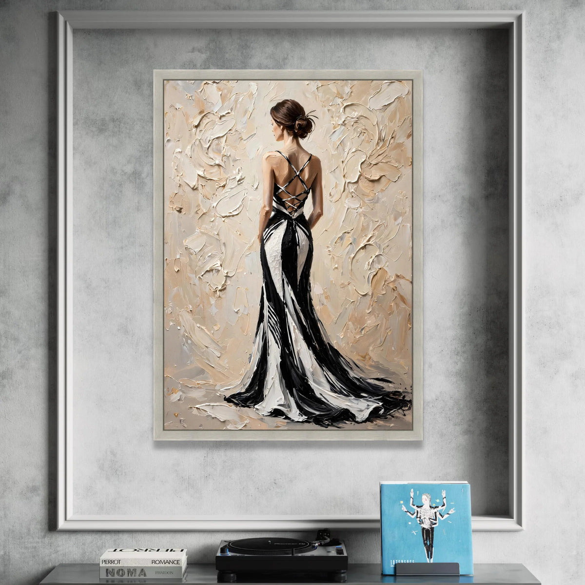 Elegant Woman Black and White Dress Canvas, Back View Fashion Artwork, Modern Female Portrait Wall Art, Chic Home Canvas Print Art