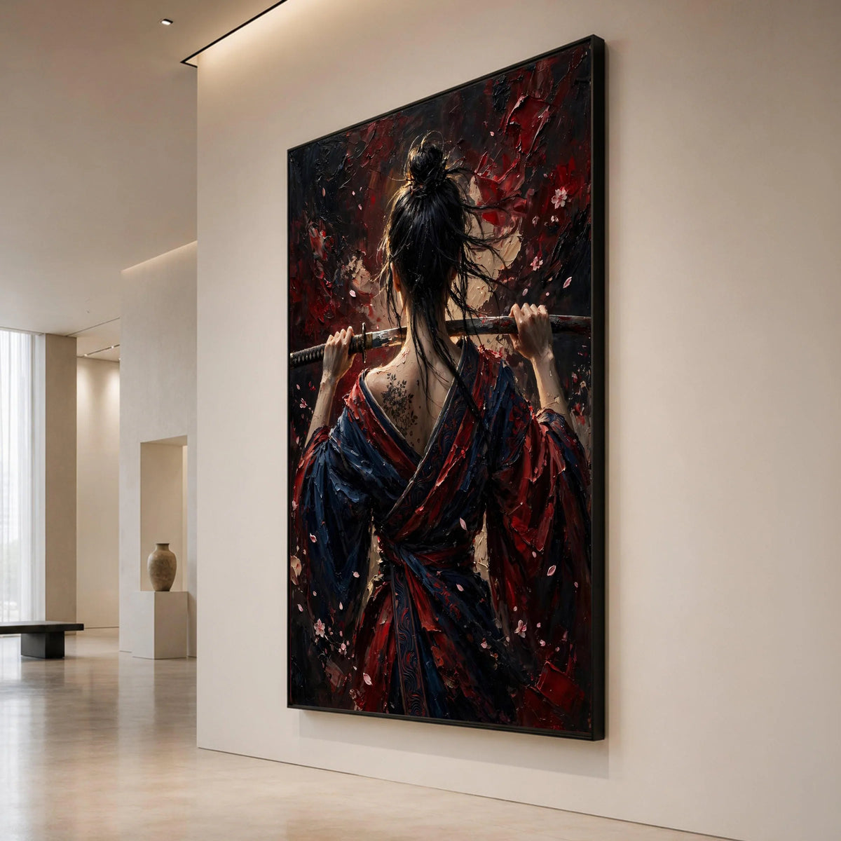 Samurai Woman Holding Katana, Back View Canvas Wall Art, Japanese Warrior Art, Floral Tattoo Canvas, Dark Red and Blue Canvas Print Art