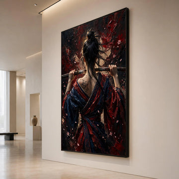 Samurai Woman Holding Katana, Back View Canvas Wall Art, Japanese Warrior Art, Floral Tattoo Canvas, Dark Red and Blue Canvas Print Art