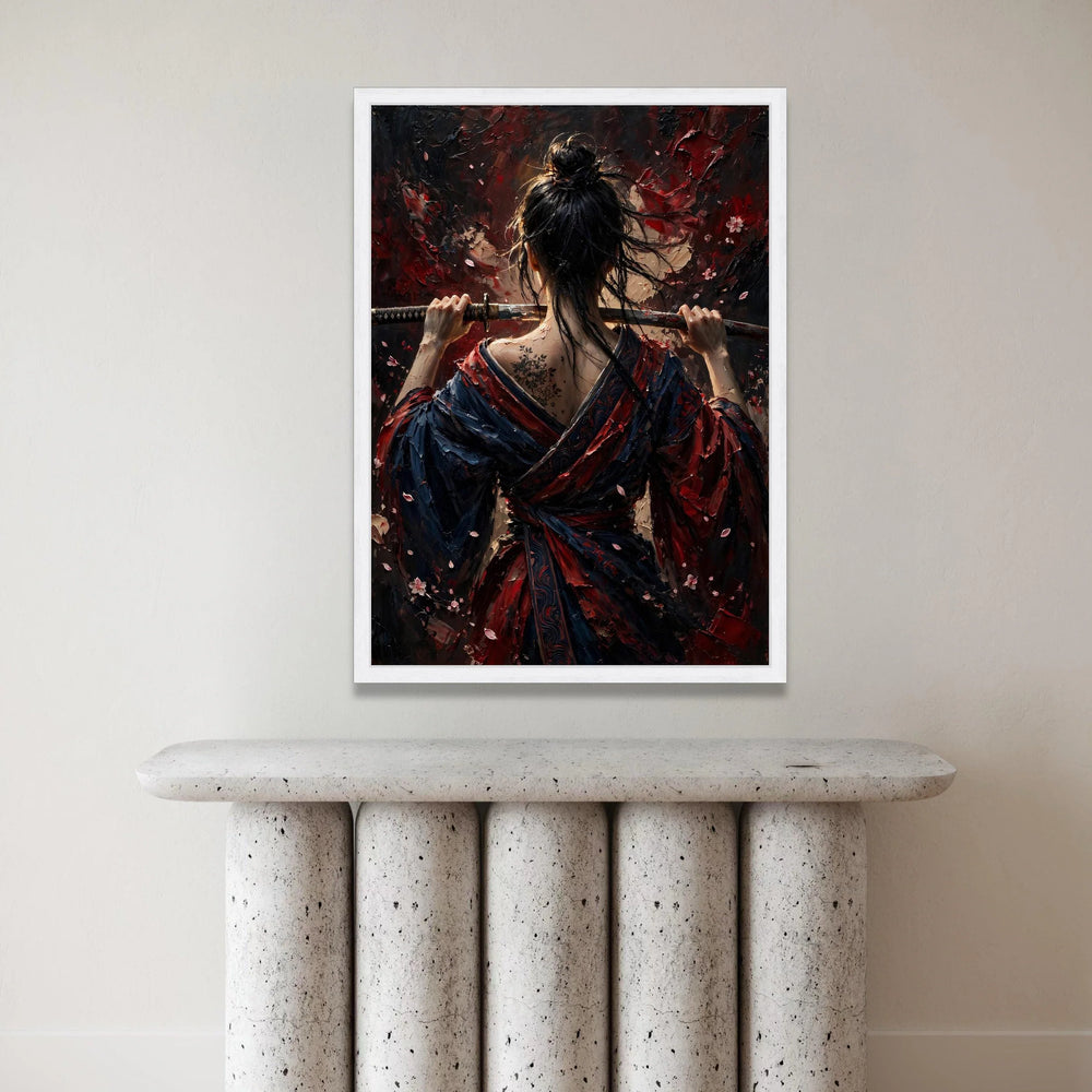 Samurai Woman Holding Katana, Back View Canvas Wall Art, Japanese Warrior Art, Floral Tattoo Canvas, Dark Red and Blue Canvas Print Art