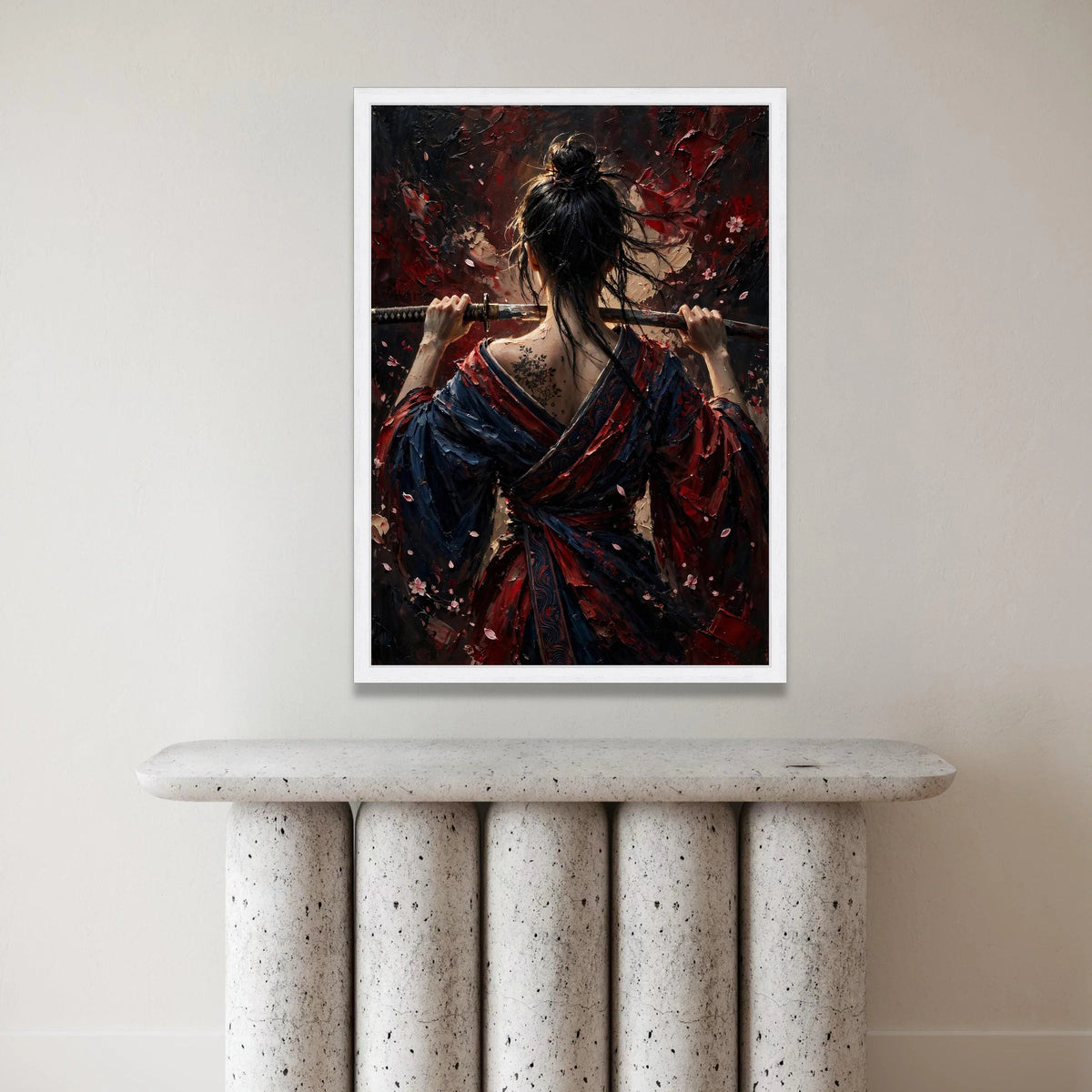 Samurai Woman Holding Katana, Back View Canvas Wall Art, Japanese Warrior Art, Floral Tattoo Canvas, Dark Red and Blue Canvas Print Art