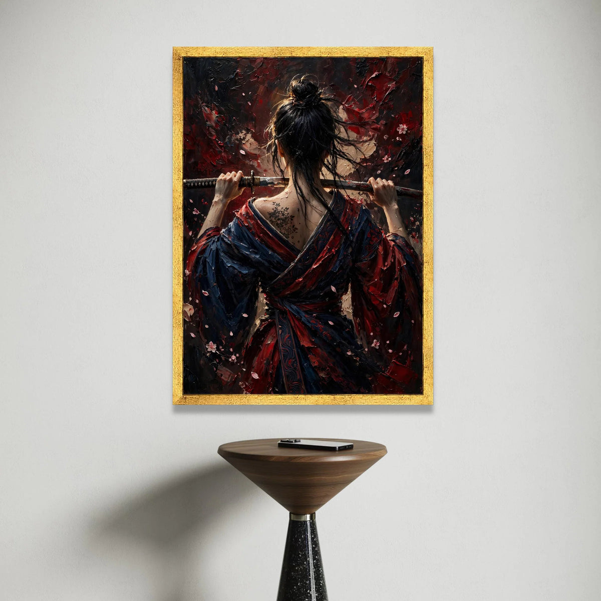 Samurai Woman Holding Katana, Back View Canvas Wall Art, Japanese Warrior Art, Floral Tattoo Canvas, Dark Red and Blue Canvas Print Art