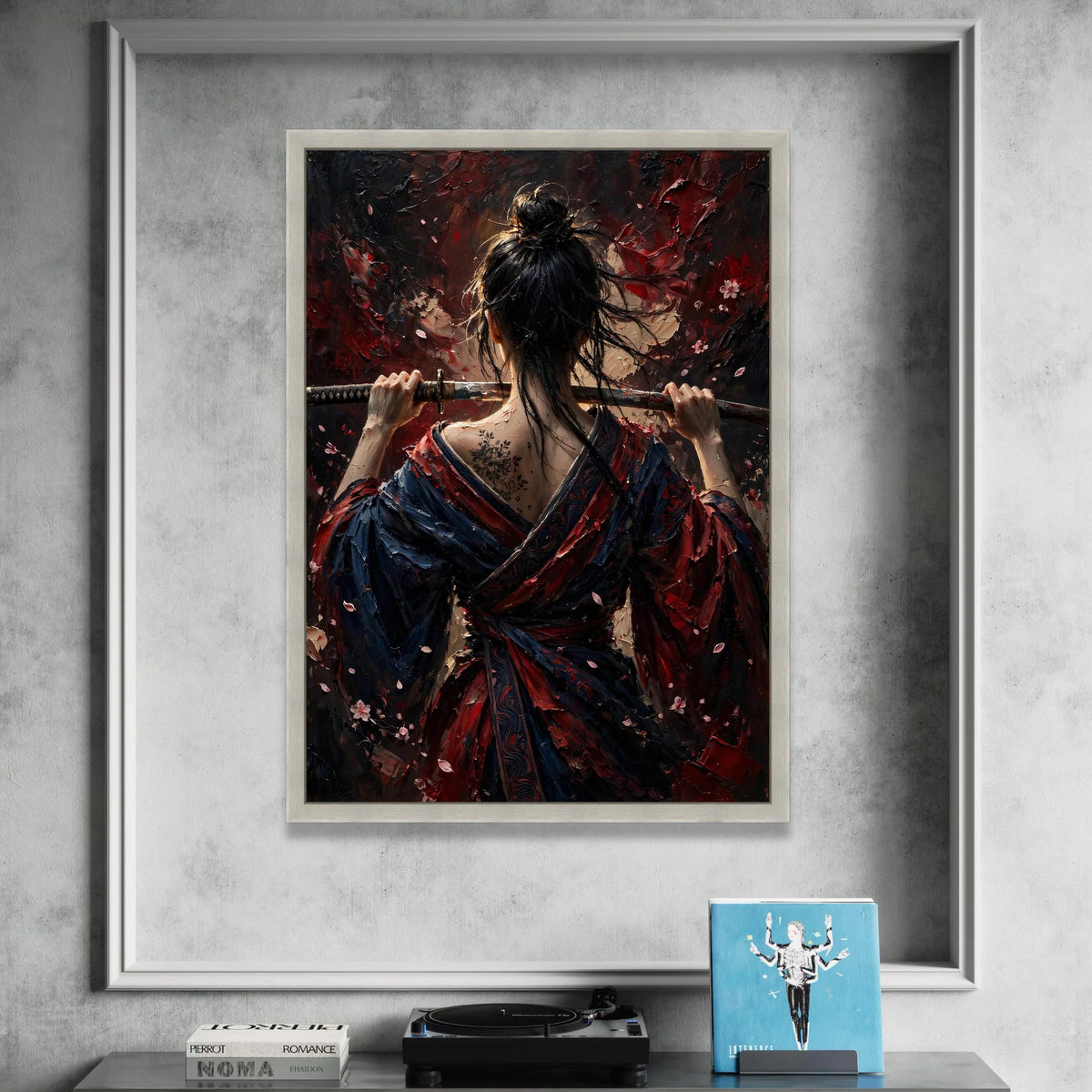 Samurai Woman Holding Katana, Back View Canvas Wall Art, Japanese Warrior Art, Floral Tattoo Canvas, Dark Red and Blue Canvas Print Art