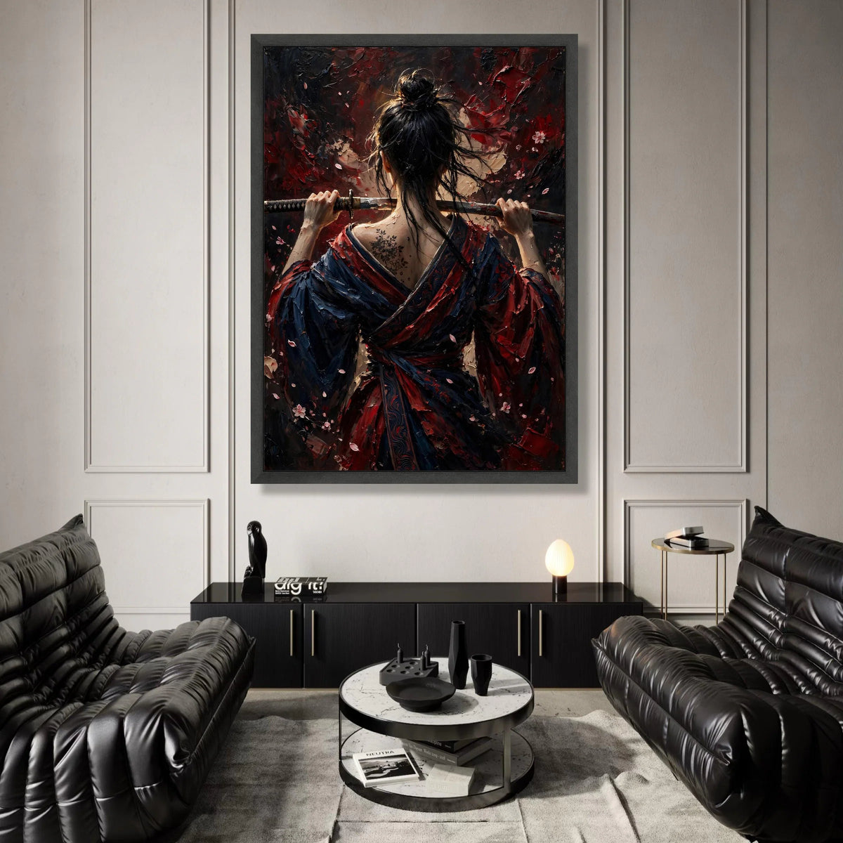 Samurai Woman Holding Katana, Back View Canvas Wall Art, Japanese Warrior Art, Floral Tattoo Canvas, Dark Red and Blue Canvas Print Art