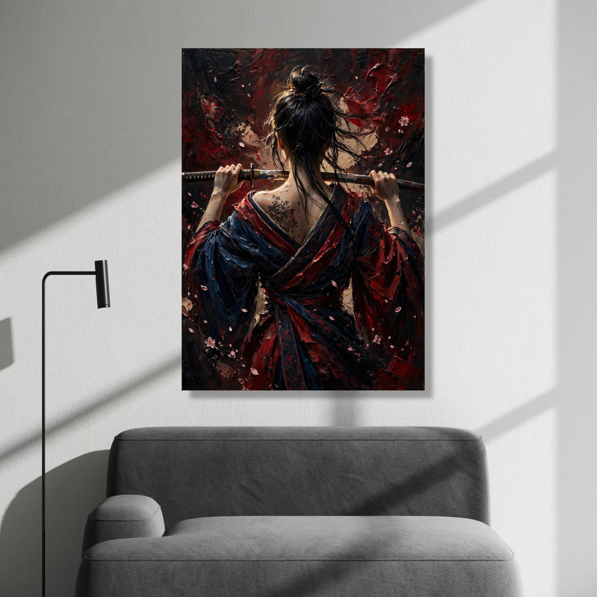 Samurai Woman Holding Katana, Back View Canvas Wall Art, Japanese Warrior Art, Floral Tattoo Canvas, Dark Red and Blue Canvas Print Art