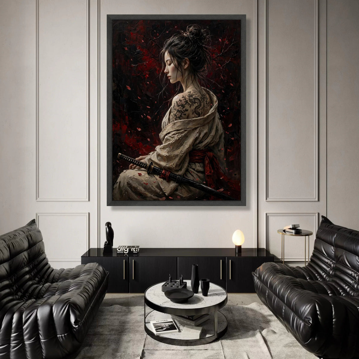 Serene Female Samurai with Dragon Tattoo Canvas, Asian Woman Portrait Wall Art, Dark Red Floral Background, Japanese Sword Canvas Print Art