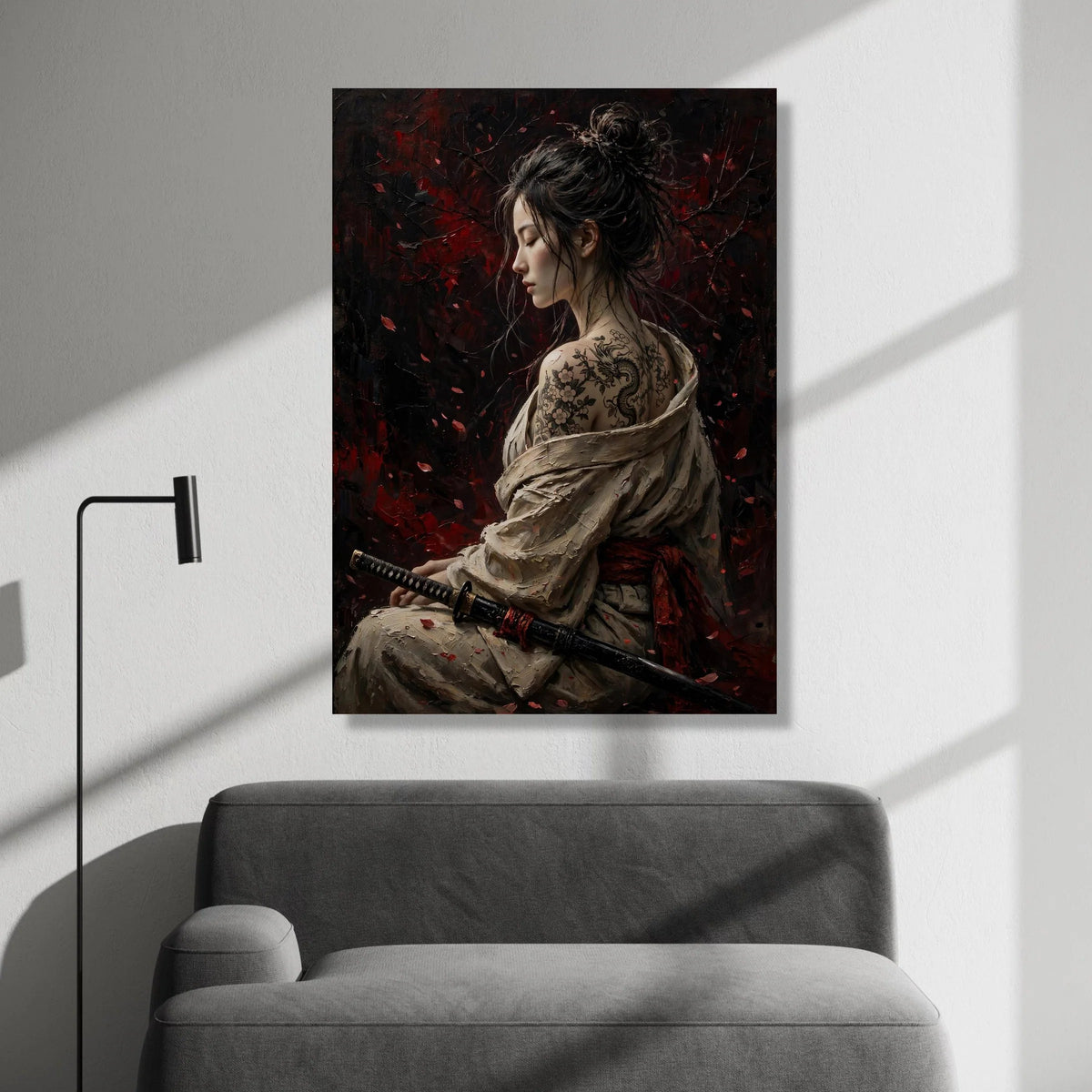 Serene Female Samurai with Dragon Tattoo Canvas, Asian Woman Portrait Wall Art, Dark Red Floral Background, Japanese Sword Canvas Print Art