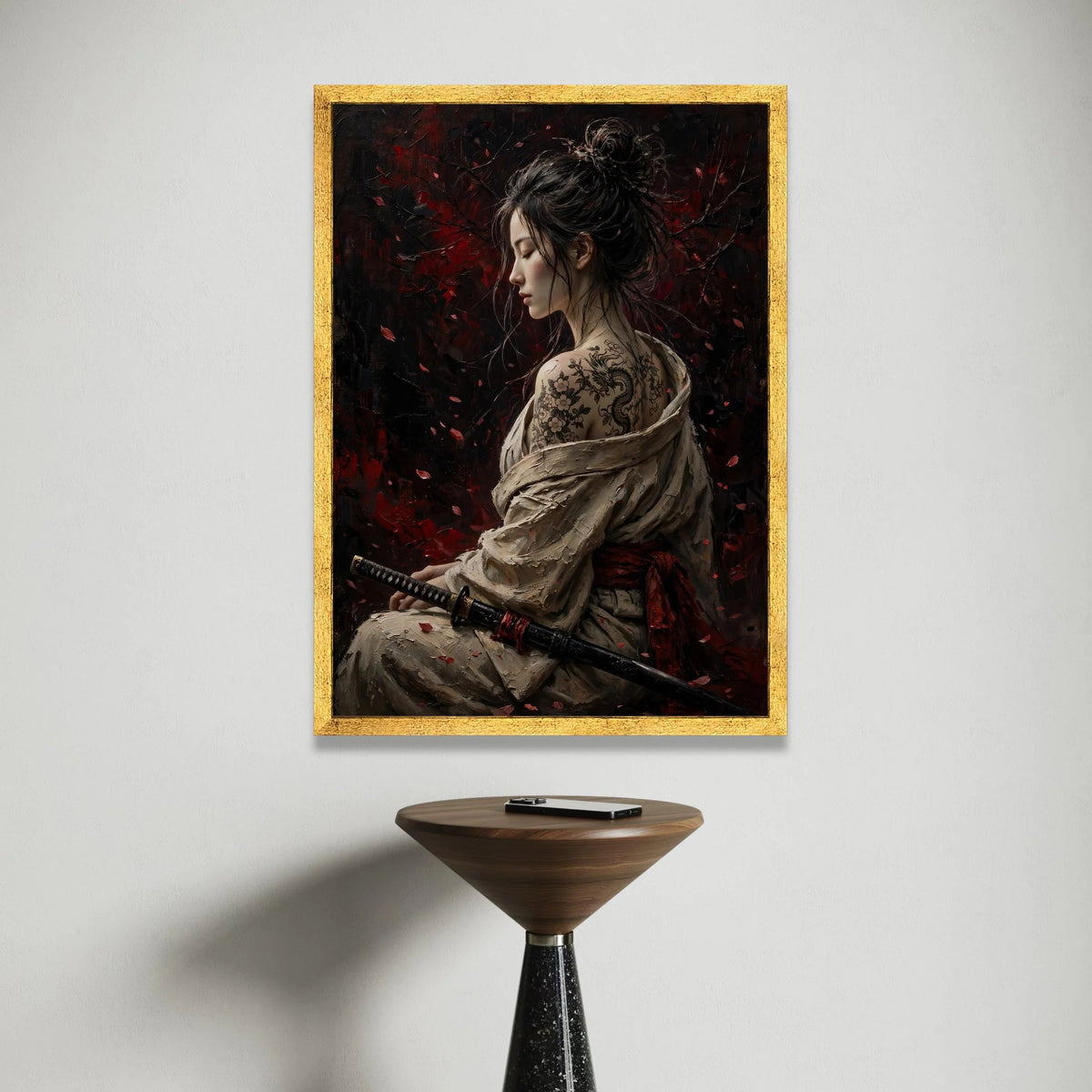 Serene Female Samurai with Dragon Tattoo Canvas, Asian Woman Portrait Wall Art, Dark Red Floral Background, Japanese Sword Canvas Print Art