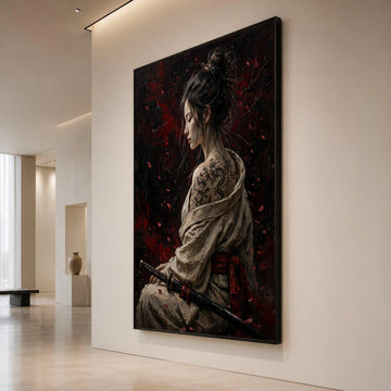 Serene Female Samurai with Dragon Tattoo Canvas, Asian Woman Portrait Wall Art, Dark Red Floral Background, Japanese Sword Canvas Print Art