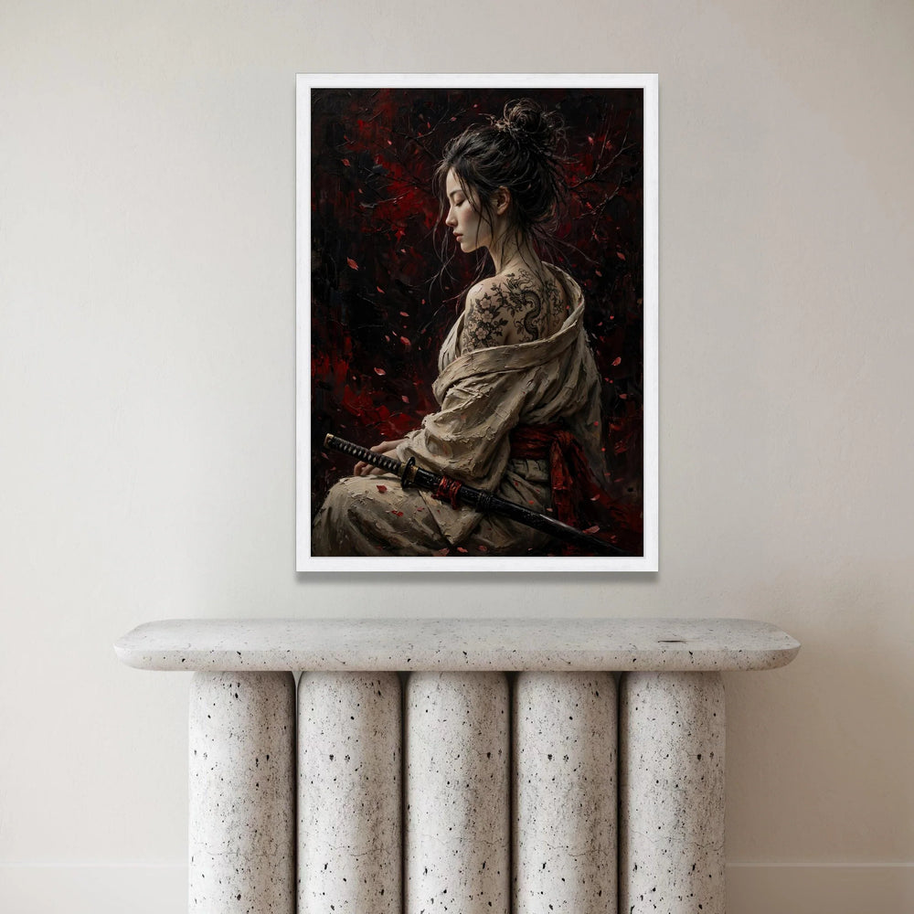 Serene Female Samurai with Dragon Tattoo Canvas, Asian Woman Portrait Wall Art, Dark Red Floral Background, Japanese Sword Canvas Print Art