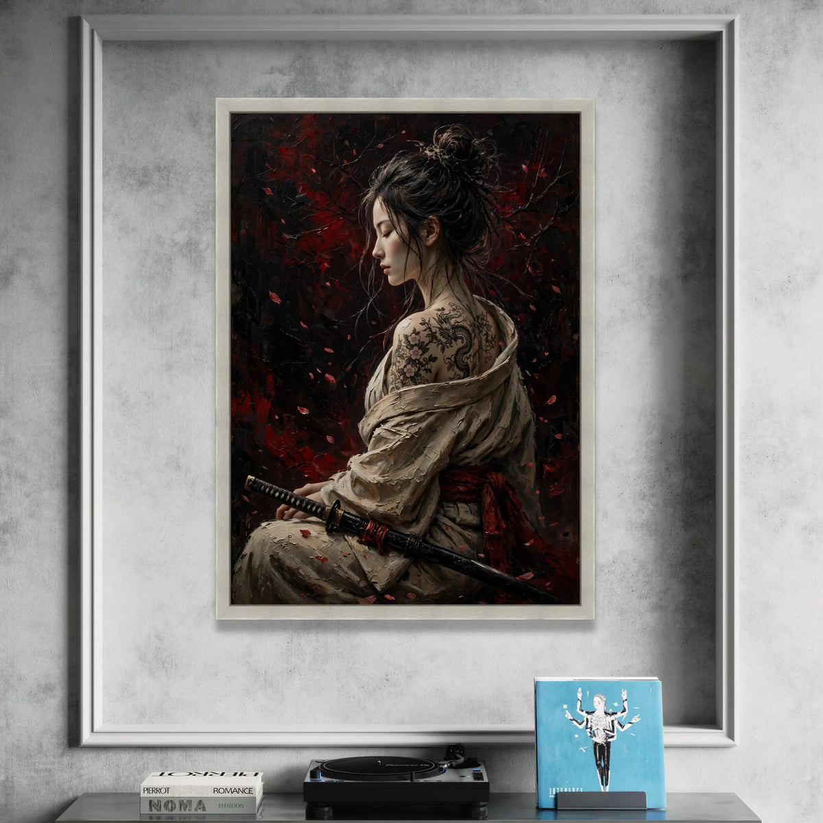 Serene Female Samurai with Dragon Tattoo Canvas, Asian Woman Portrait Wall Art, Dark Red Floral Background, Japanese Sword Canvas Print Art