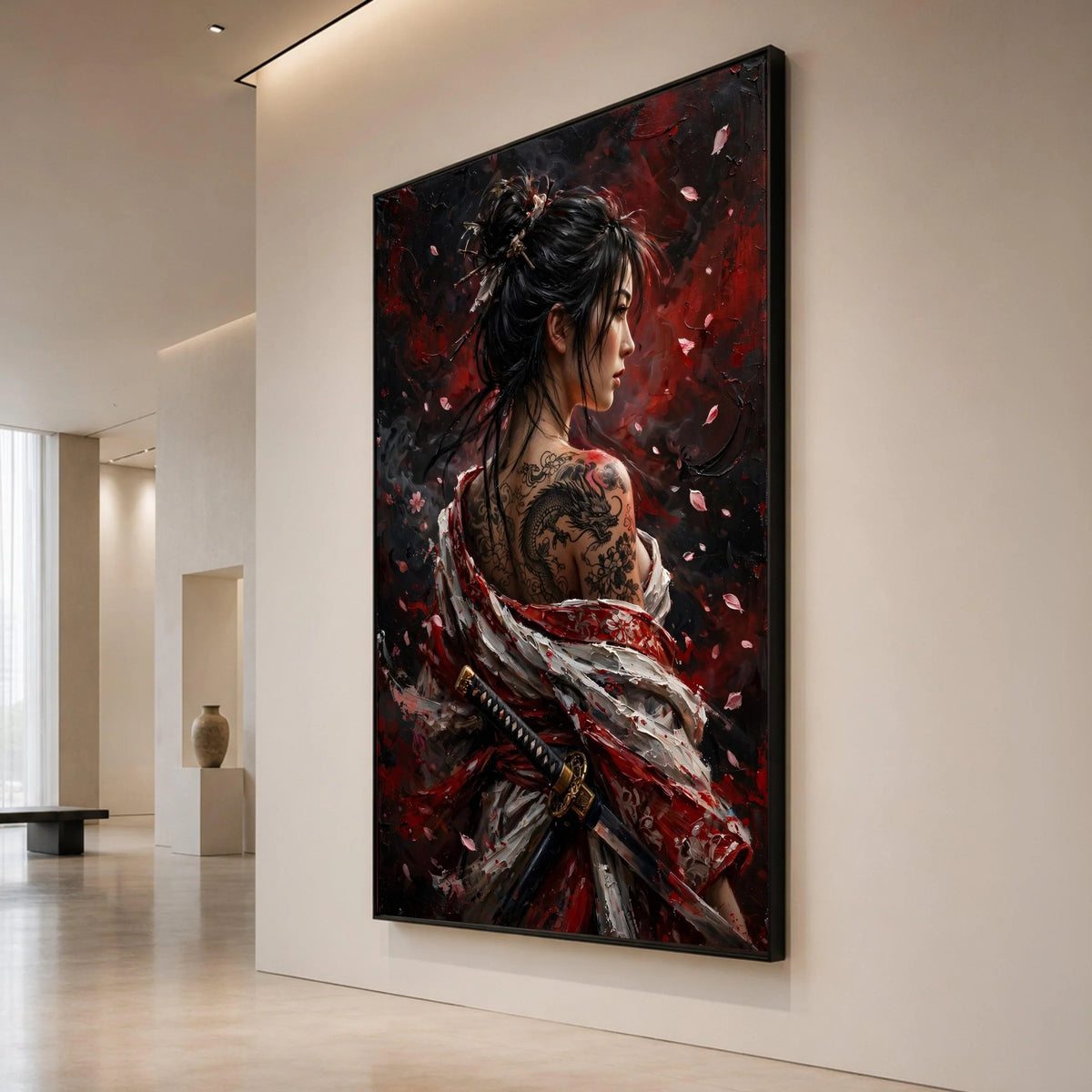 Fierce Samurai Woman Canvas, Dragon Tattoo Art, Japanese Kimono Painting, Warrior Portrait Wall Art, Asian Culture Canvas Canvas Print Art