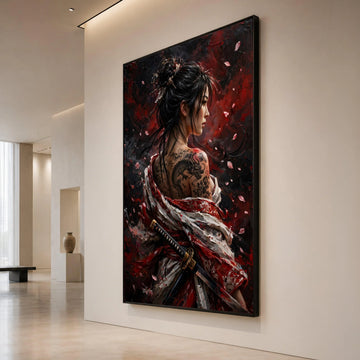 Fierce Samurai Woman Canvas, Dragon Tattoo Art, Japanese Kimono Painting, Warrior Portrait Wall Art, Asian Culture Canvas Canvas Print Art