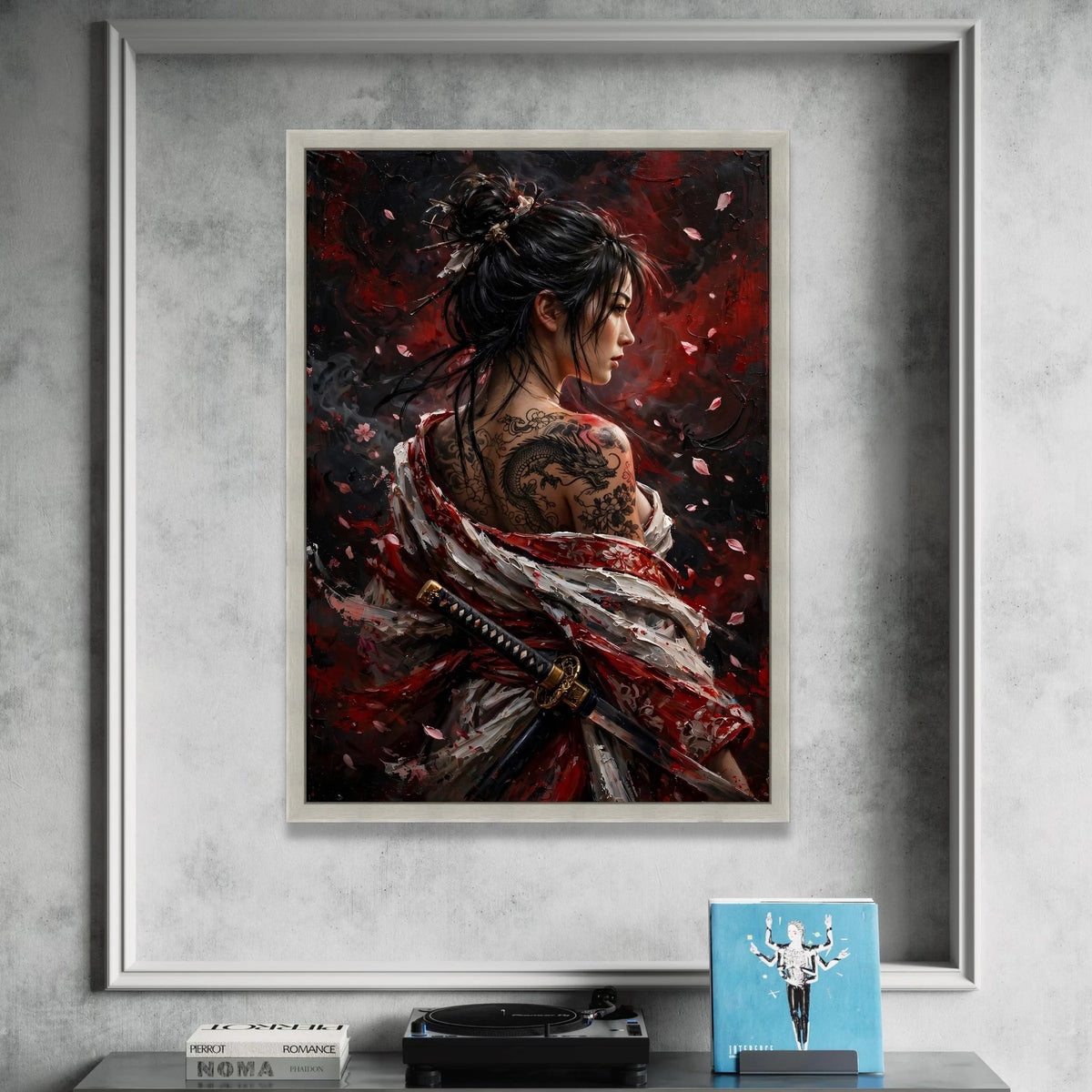 Fierce Samurai Woman Canvas, Dragon Tattoo Art, Japanese Kimono Painting, Warrior Portrait Wall Art, Asian Culture Canvas Canvas Print Art