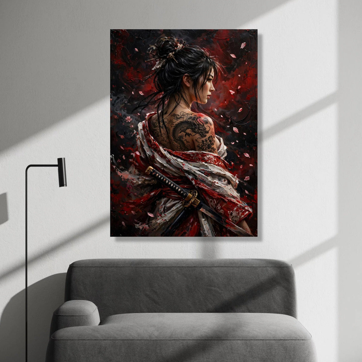 Fierce Samurai Woman Canvas, Dragon Tattoo Art, Japanese Kimono Painting, Warrior Portrait Wall Art, Asian Culture Canvas Canvas Print Art
