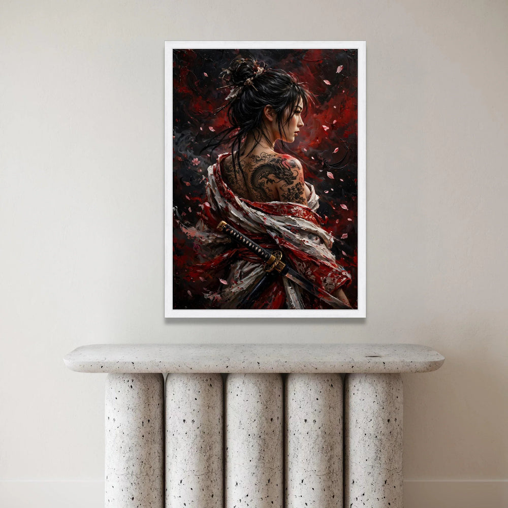 Fierce Samurai Woman Canvas, Dragon Tattoo Art, Japanese Kimono Painting, Warrior Portrait Wall Art, Asian Culture Canvas Canvas Print Art