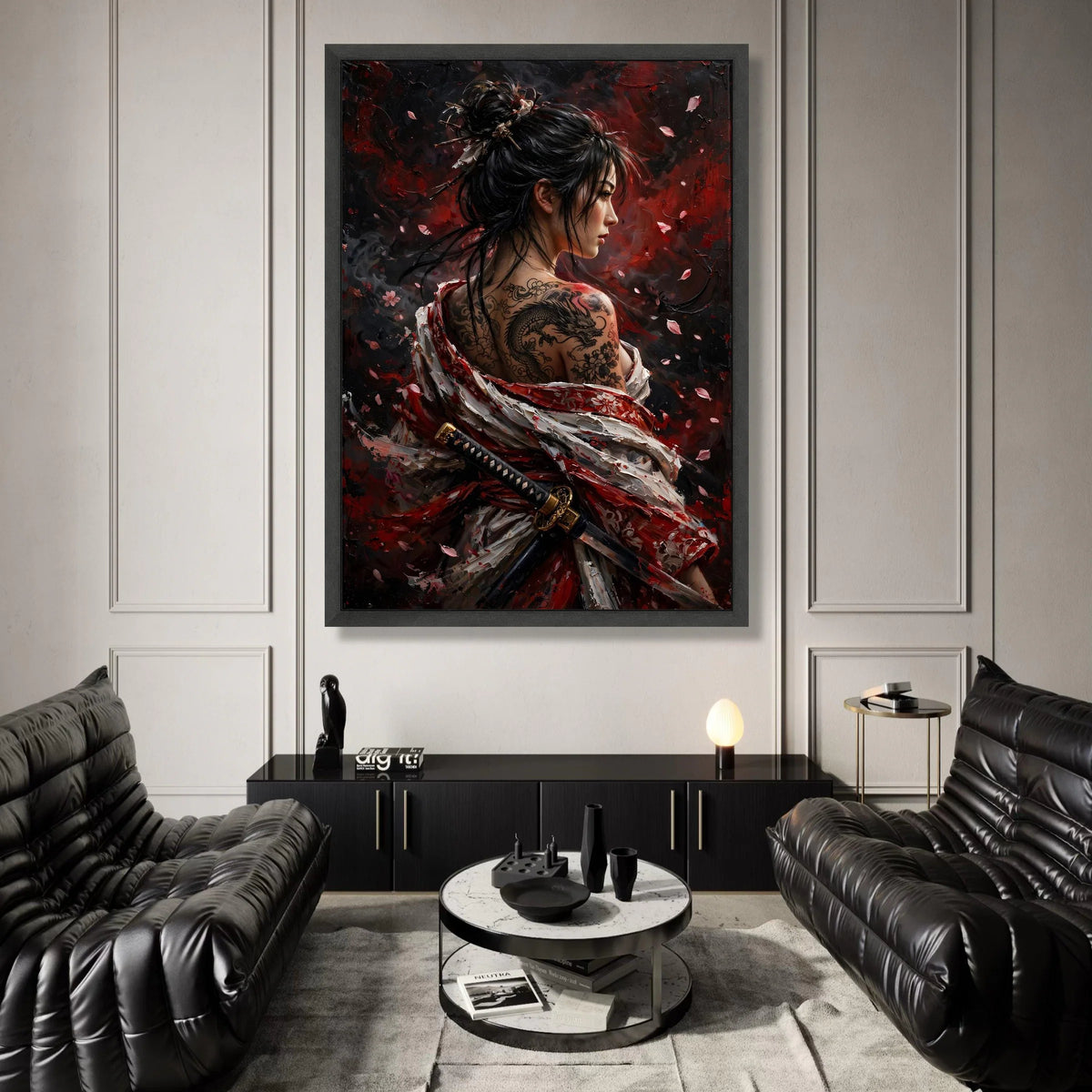 Fierce Samurai Woman Canvas, Dragon Tattoo Art, Japanese Kimono Painting, Warrior Portrait Wall Art, Asian Culture Canvas Canvas Print Art