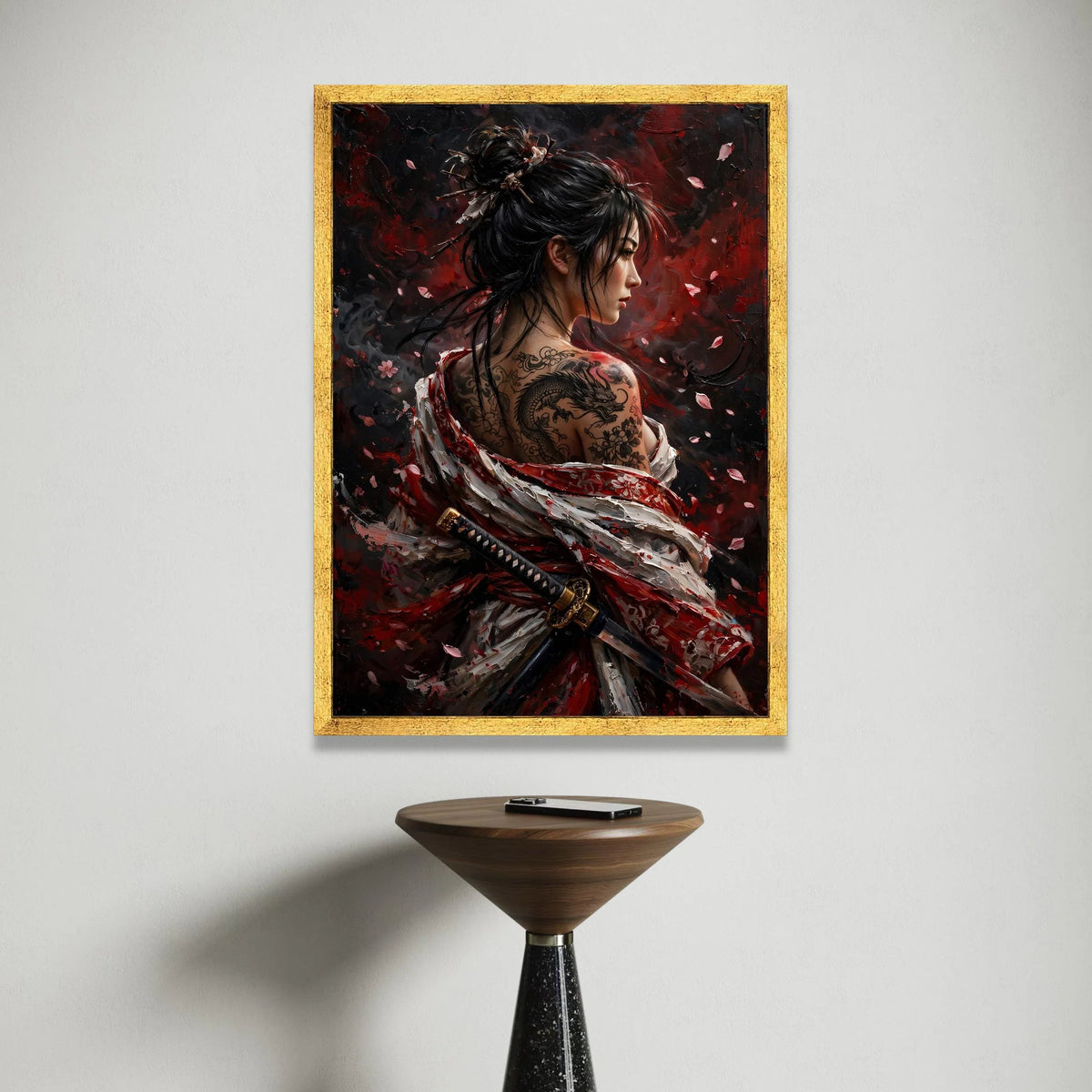 Fierce Samurai Woman Canvas, Dragon Tattoo Art, Japanese Kimono Painting, Warrior Portrait Wall Art, Asian Culture Canvas Canvas Print Art