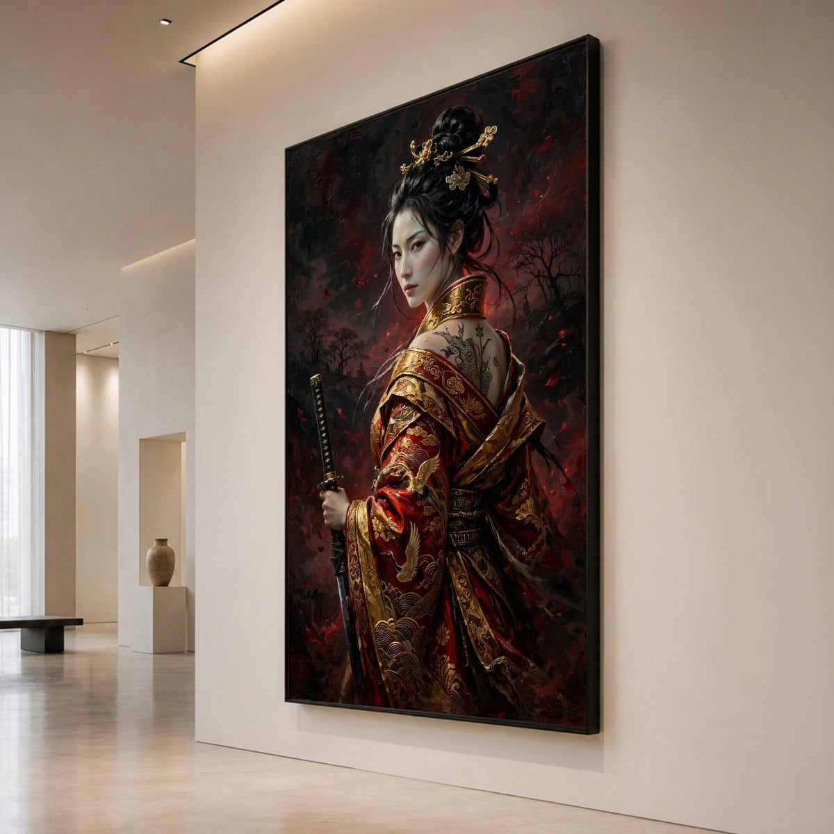 Elegant Samurai Woman Canvas, Traditional Japanese Warrior Art, Red Gold Kimono Wall Art, Oriental Sword Canvas, Asian Canvas Print Art