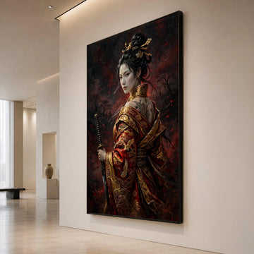 Elegant Samurai Woman Canvas, Traditional Japanese Warrior Art, Red Gold Kimono Wall Art, Oriental Sword Canvas, Asian Canvas Print Art